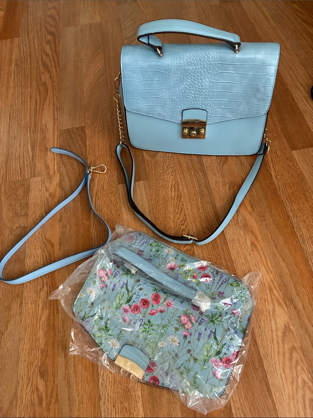 IMAN Light Blue Croc-Embossed Crossbody with Floral Pouch
